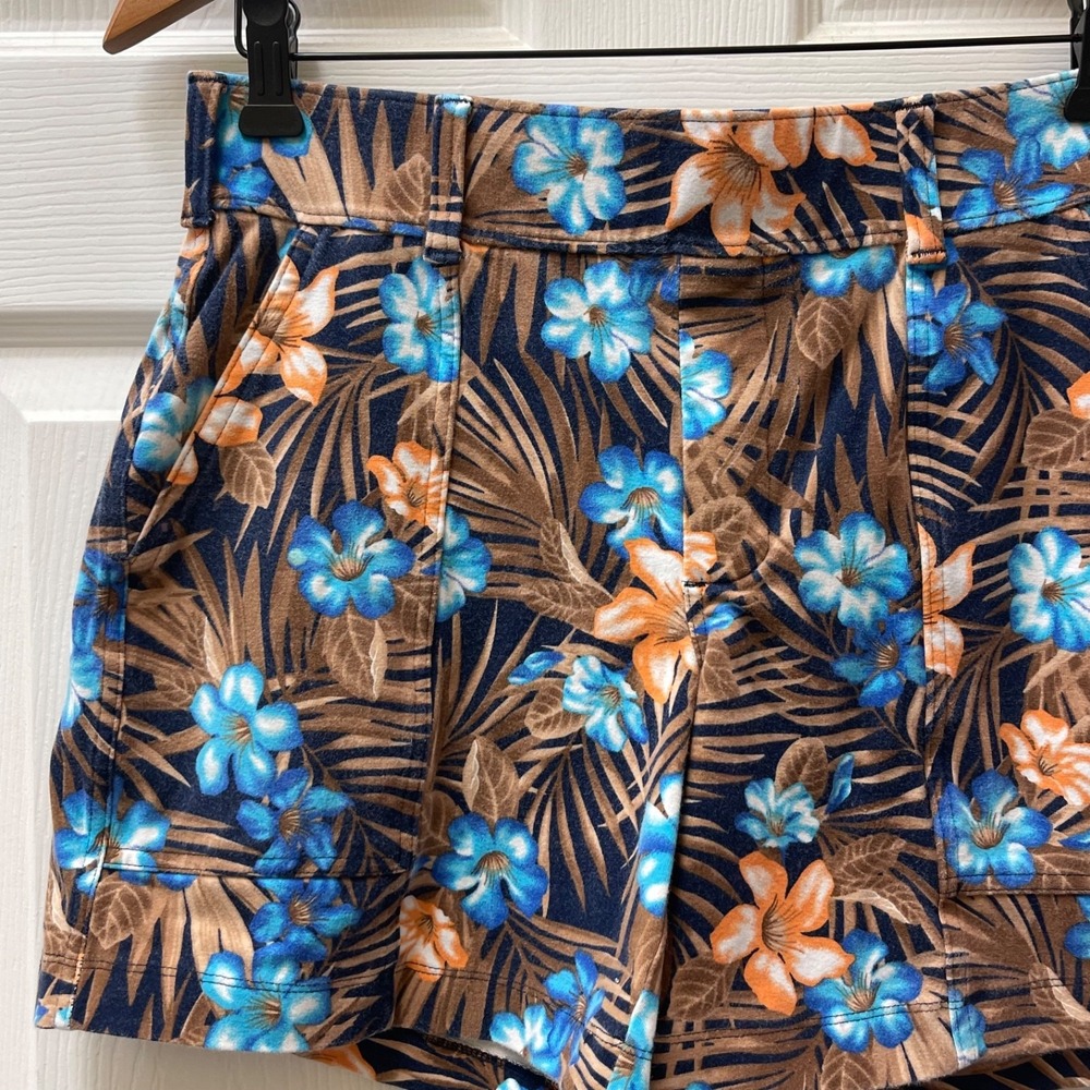 Lands' End Women's Size S Starfish Shorts Mid Rise Brown Blue Floral Stretch
